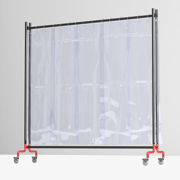 A clear separation screen with pvc strips on a black frame with castors