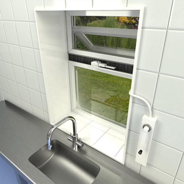 Interior view of a sink with fly screen window and flexi con window opening system