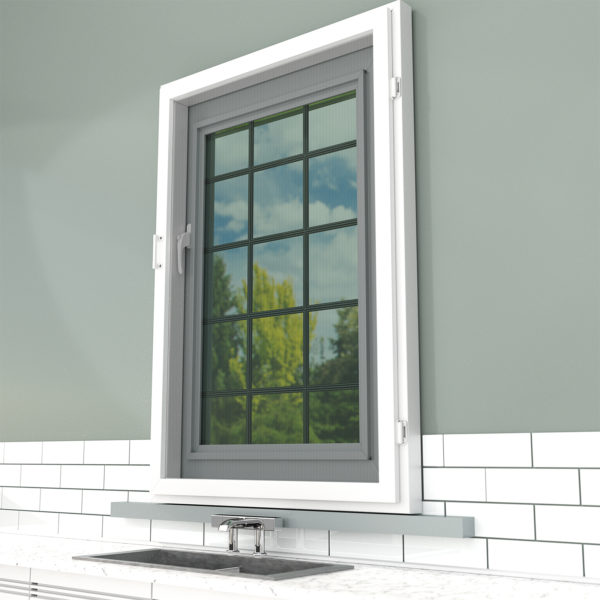Interior view of white window with grey fly screen