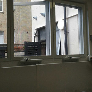 Three white screen and chain winder fly screens on kitchen windows