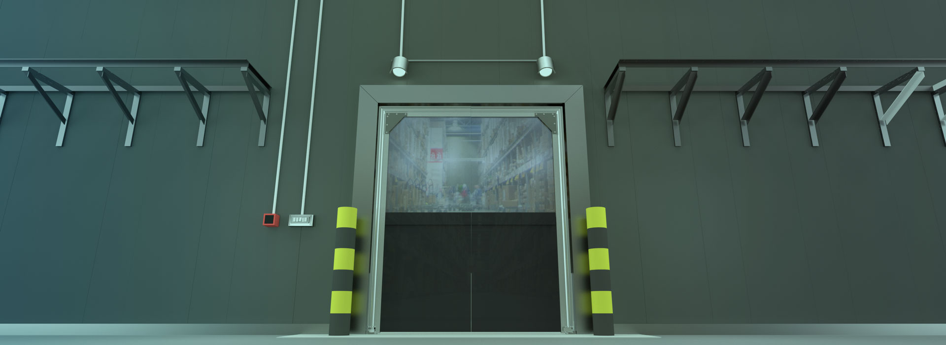 A processed image of a pvc crash door in a warehouse environment