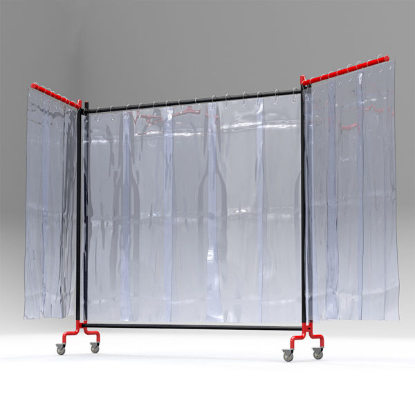 A clear separation screen with pvc strips on a black frame with castors and extended arms with red frames