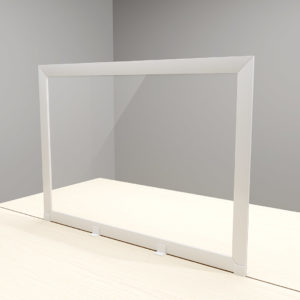 A white framed pvc sneeze guard separating a desk