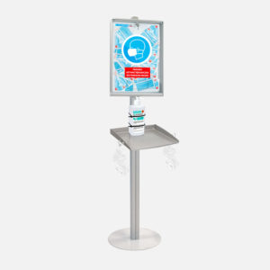 Wash dispenser stand with sign above in grey