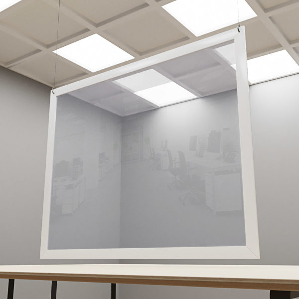 White framed suspended screen in an office with clear pvc screen in the middle