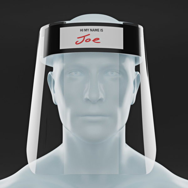 Disposable face shield with hi my name is joe on a male mannequin facing straight ahead