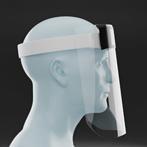 Disposable face shield on a male mannequin facing east and looking ahead