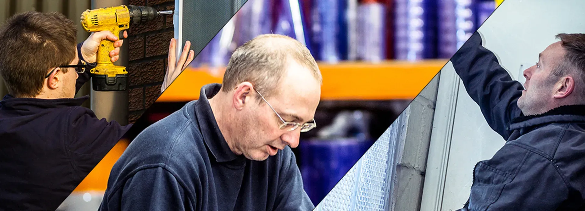 Collage of three workers, two installing flyscreen products and one working in a PVC warehouse
