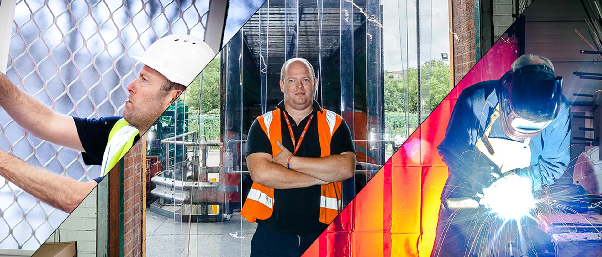 Collage containing workmen installing flyscreens, welding and in a warehouse with PVC curtains