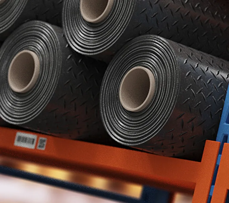 Shelved rolls of rubber matting