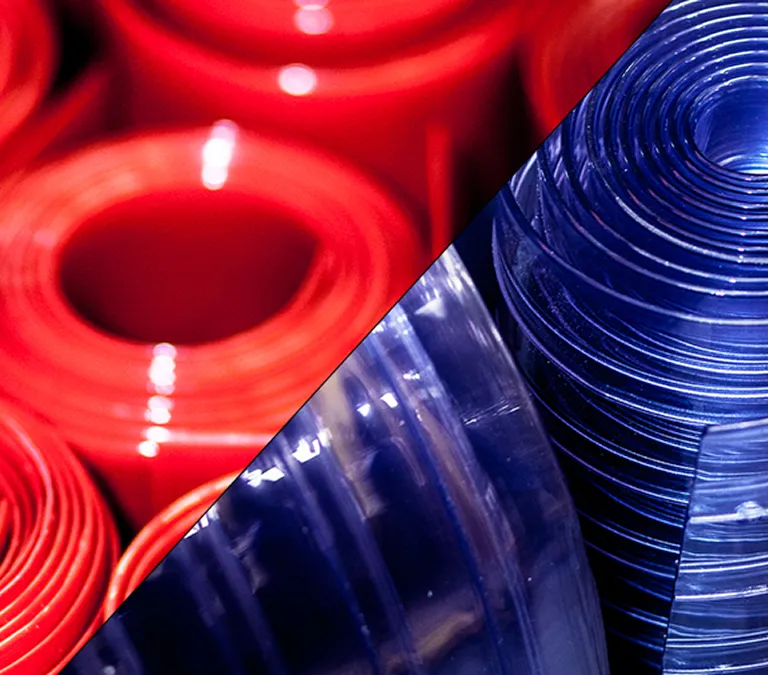 Collage image of rolls of red and blue PVC rolls